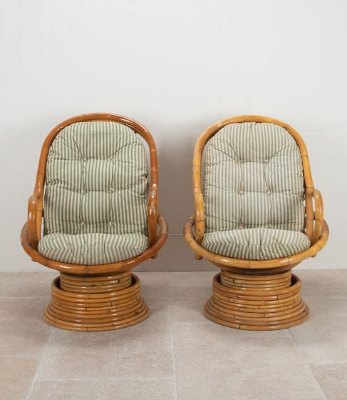 Pair of Mid-Century French Bamboo Turning and Swinging Armchairs