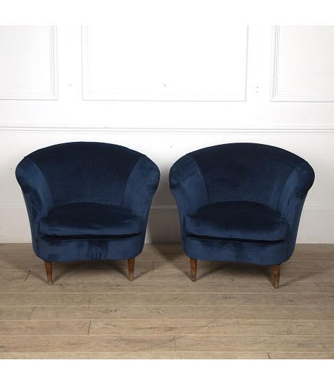 Pair of Italian Lounge Chairs in Blue Velvet