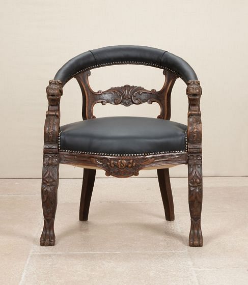 19th Century French Black Leather Oak Desk Chair