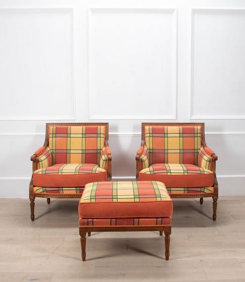Pair of Large 20th Century French Armchairs with Matching Stool