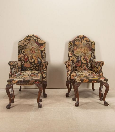 Pair of 19th Century English Wingback Armchairs with Tapestry