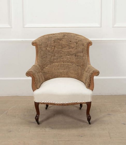 19th Century French Scroll Top Armchair in Hessian and Calico