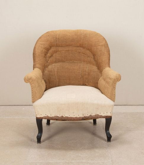 19th Century French Round Back Country House Armchair in Hessian and Calico