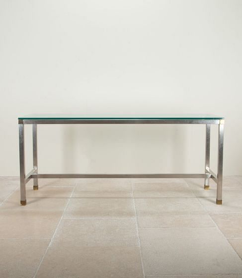Large Mid-Century Glass and Stainless Steel Console by David Hicks
