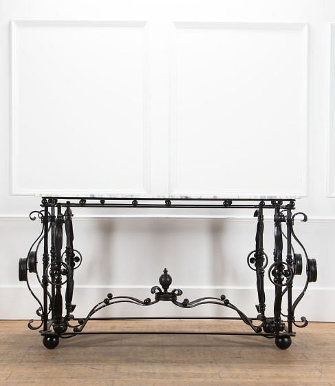19th Century Wrought Iron Table with Arabescato Marble Top