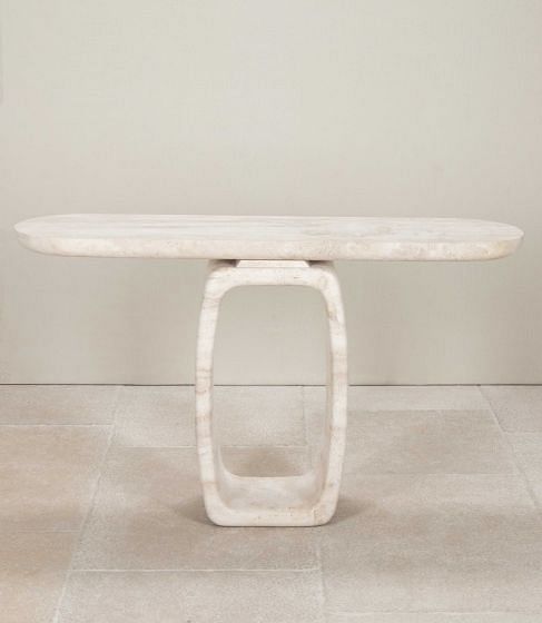 Contemporary Italian Travertine Console Table with 0 Shape Leg