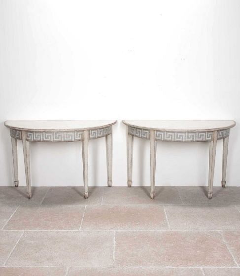 Pair of Late 19th Century Demi Lune Tables with Painted Greek Key Detail