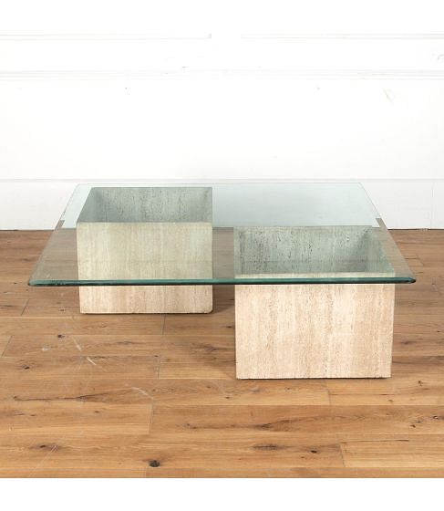 20th Century French Travertine Base and Glass Coffee Table