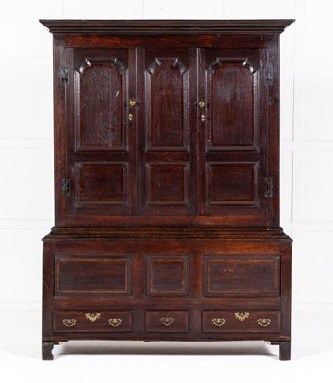 18th Century English Oak Cabinet on Chest with Panelled Detailing