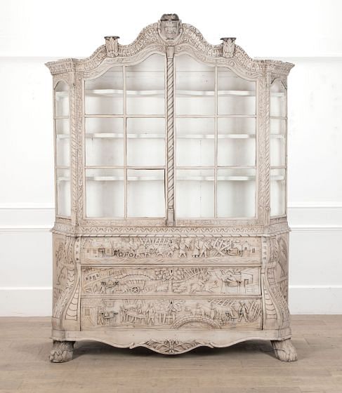 19th Century Dutch Bleach Washed Carved Oak Bombe Display Cabinet on Chest