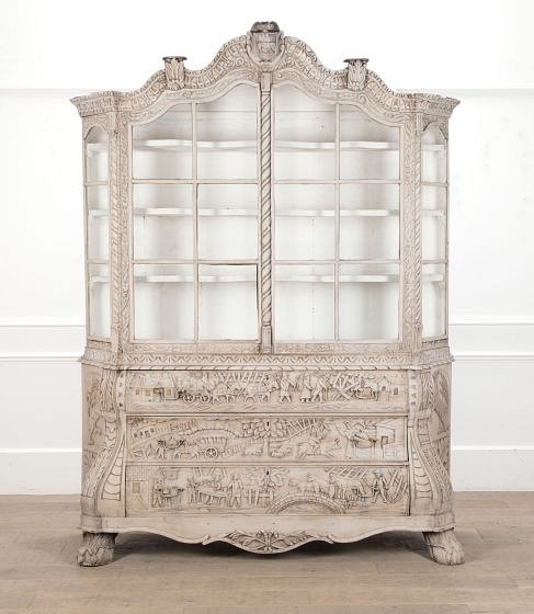 SALE: 19th Century Dutch Bleach Washed Carved Oak Bombe Display Cabinet on Chest