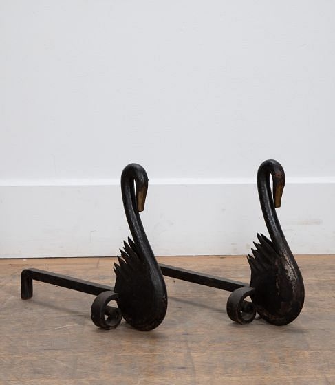 Pair of French 19th Century Cast Iron Swan Fire Dogs