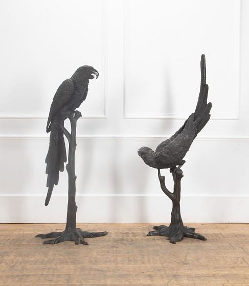 Pair of 20th Century Life Size Bronze Macaw Birds
