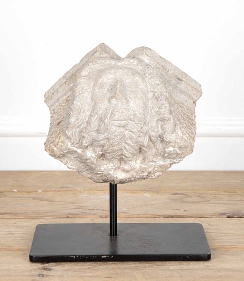 19th Century Carved Istrian Marble Corner Capital of a Bearded Man