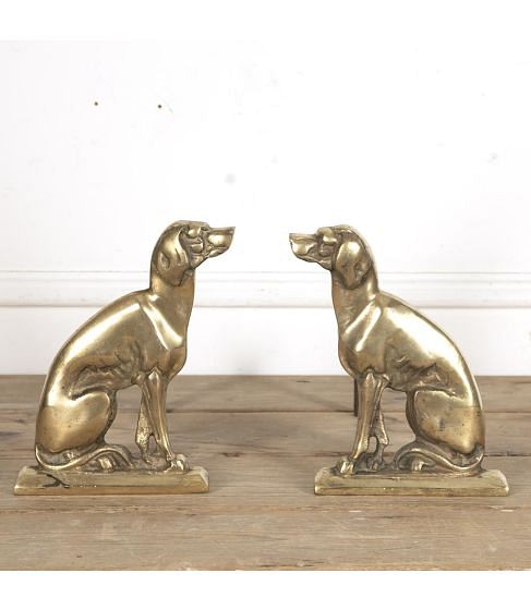 Pair of Brass Seated Hound Andirons