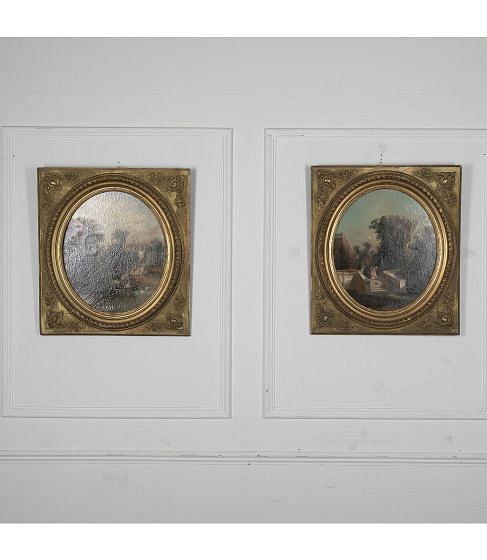 Pair of 19th Century Framed Romantic Chateau Oil Paintings