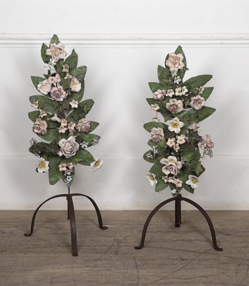 Pair of 20th Century French Tole and Porcelain Bouquets