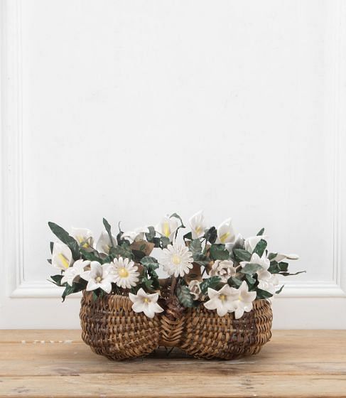Collection Of Twenty-Nine Ceramic Flowers In A Harvest Basket