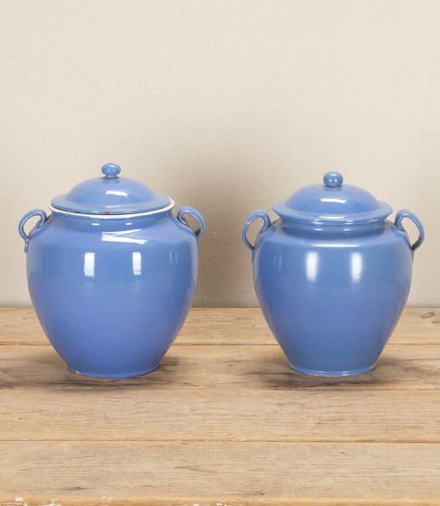 Pair of 19th Century French Blue Lidded Confit Pots