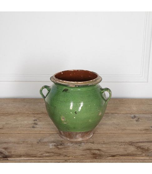 19th Century French Green Glaze Confit Pot with Twin Handles