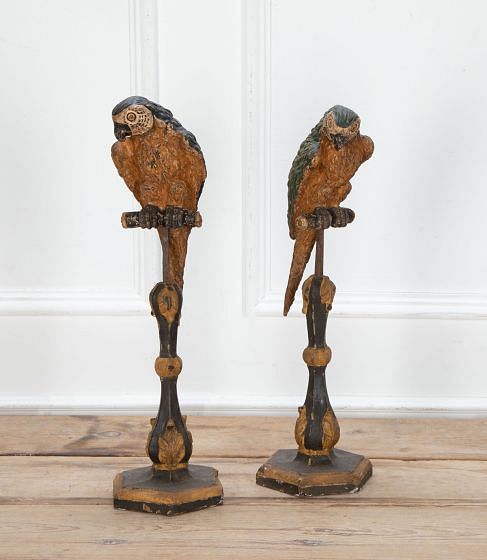Pair of 19th Century Tyrol Hand Carved Wooden Parrots