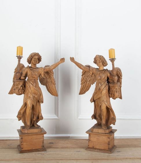 Large Pair of Early 18th Century Italian Hand Carved Angel Candlesticks