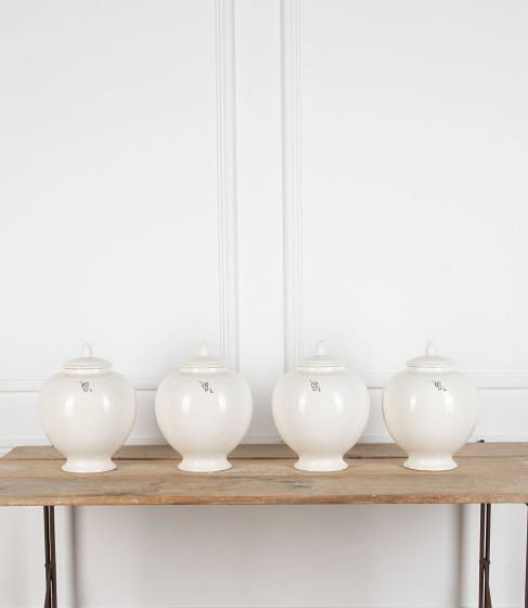 Set of Four 20th Century Italian White Tin Glazed Globe Apothecary Jar