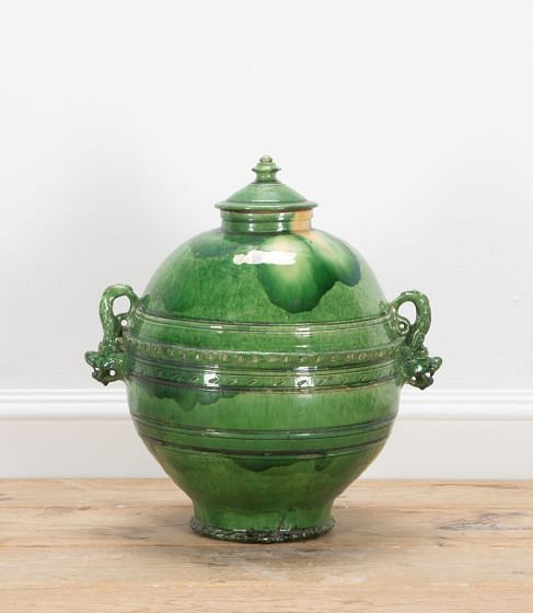 19th Century Tuscan Green Glazed Oil Jar with Lid