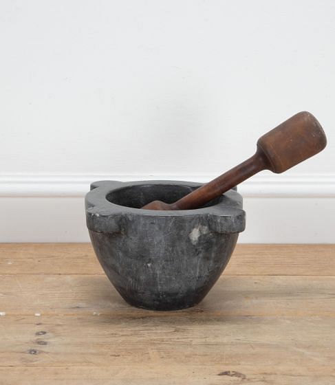 French 19th Century Black Marble Mortar with Wooden Pestle