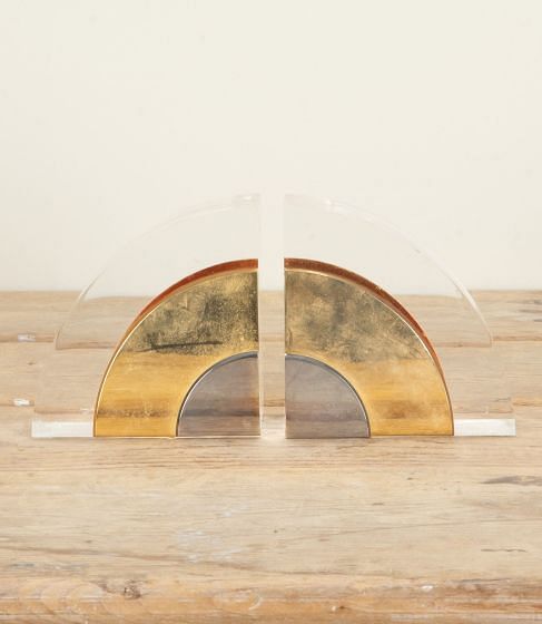 Pair of Mid-Century Italian Lucite and Brass Bookends in the Style of Crespi
