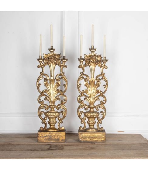 Large Pair of Early 19th Century Italian Giltwood Altar Candlesticks