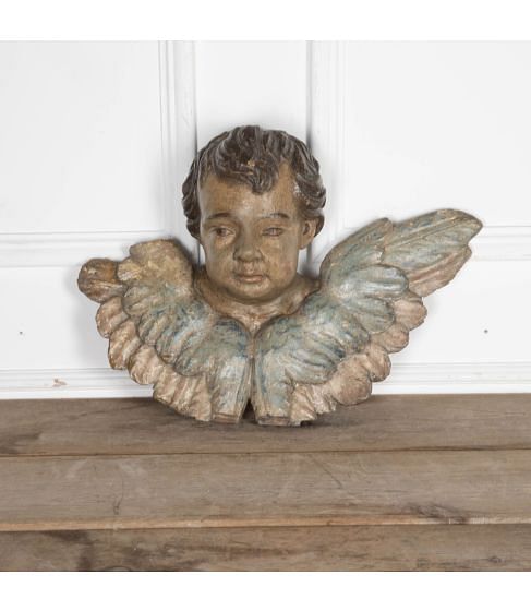 18th Century Flemish Hand Carved Polychrome Winged Angels Head