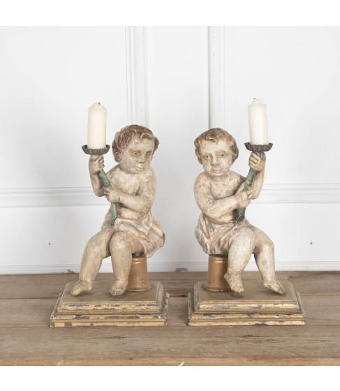 Pair of 18th Century Carved Polychrome Figure Candlesticks