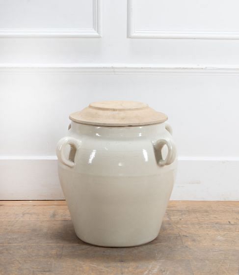 Large 20th Century French White Glazed Earthenware Lidded Salter Jar