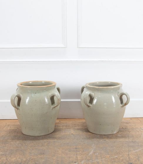 Pair of Large Four Handled White Glazed Earthenware Salter Jars