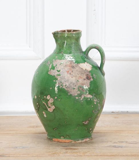 19th Century French Green Glaze Terracotta Water Pitcher