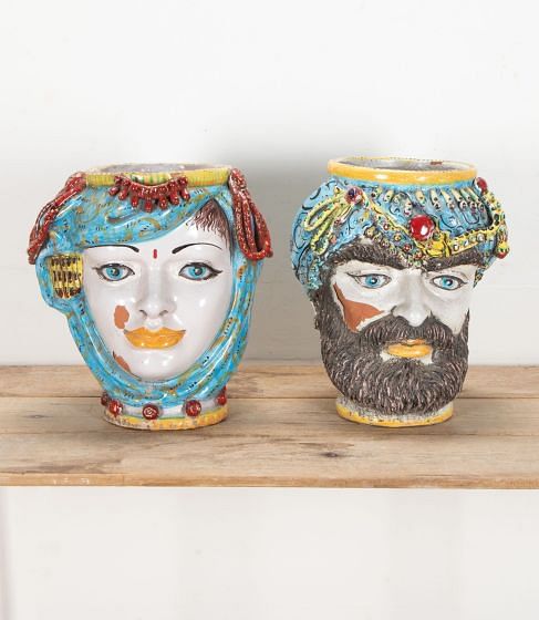 Large Pair of Late 19th Century Sicilian Moor's Head Planters