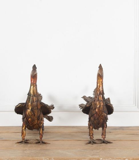 Pair of Mid 20th Century Patinated Brutalist Metal Pheasants