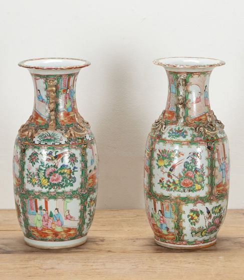 Pair of Large 19th Century Decorative Cantonese Famille Rose Vases