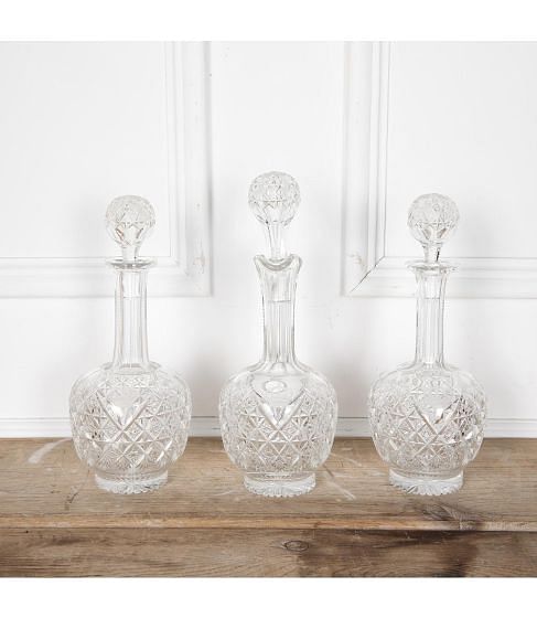20th Century Crown Etched Crystal Decanter Trio