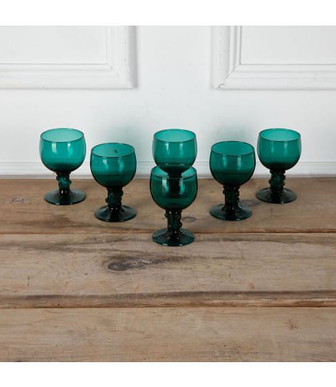 Set of Six 19th Century Georgian Bristol Green Roemer Wine Glasses