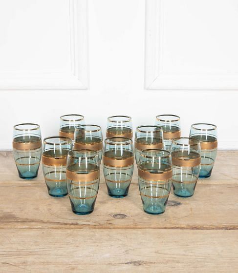 Set of Twelve 20th Century Bohemian Gold & Blue Glass Cocktail Tumblers