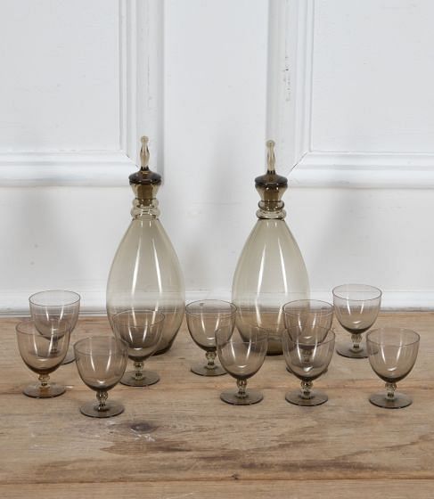 Pair of Scandinavian Smoked Decanters and Ten Glasses