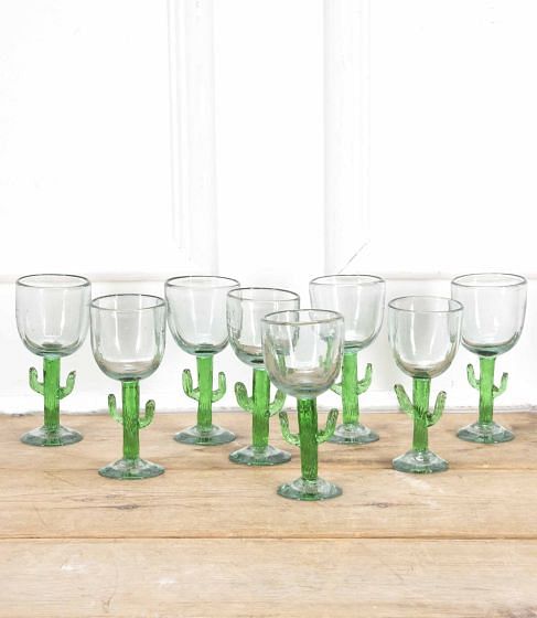 Set of Eight Brutalist Mexican Handblown Glass Cactus Wine Goblets