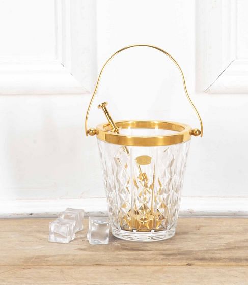 Val Saint Lambert Crystal and Gold Plated Ice Bucket & Ice Grab Tongs