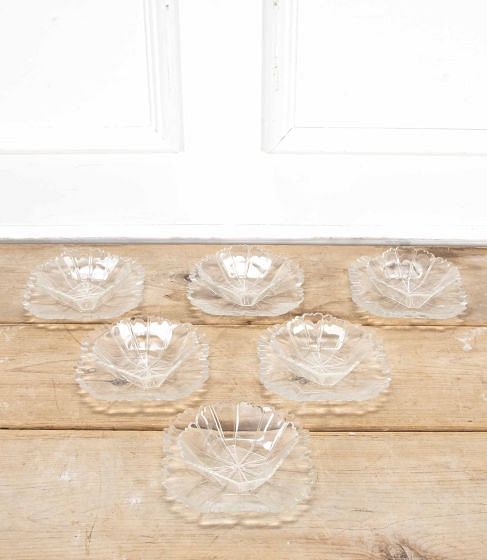 Set of Six Biedermeier Hand Cut Glass Dessert Bowl & Plates Set