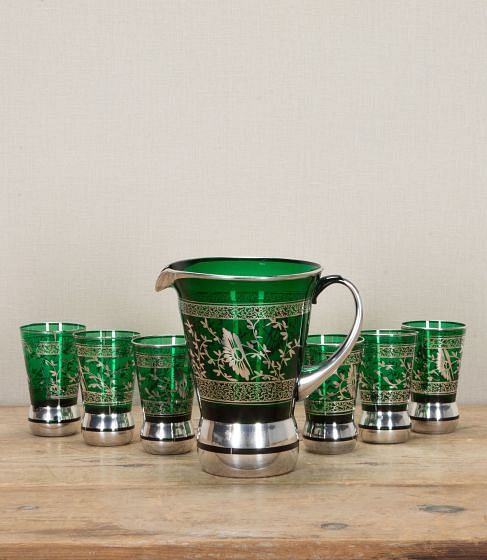 Large 20th Century Murano Silver Overlay Pitcher and Six Tumblers