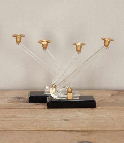 Pair of Mid-Century French Angular Lucite and Gilt Candlesticks