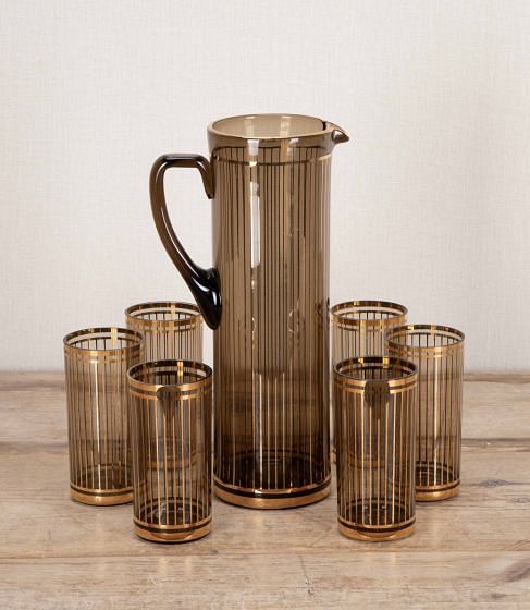 Mid-Century American 22 Carat Gold & Smoked Glass Cocktail Jug & Tumblers Set