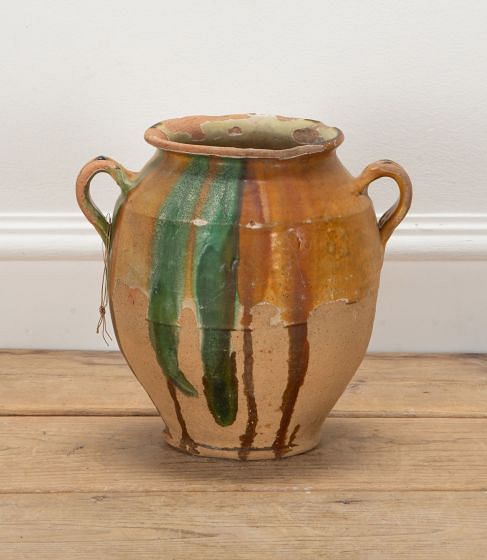 19th Century French Confit Pot with Yellow and Green Glaze